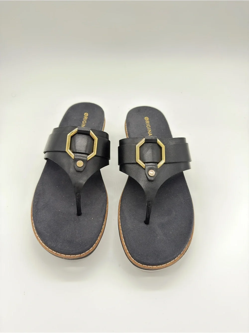 Cole Haan Black Leather Thong Sandals with Gold Hexagon Hardware